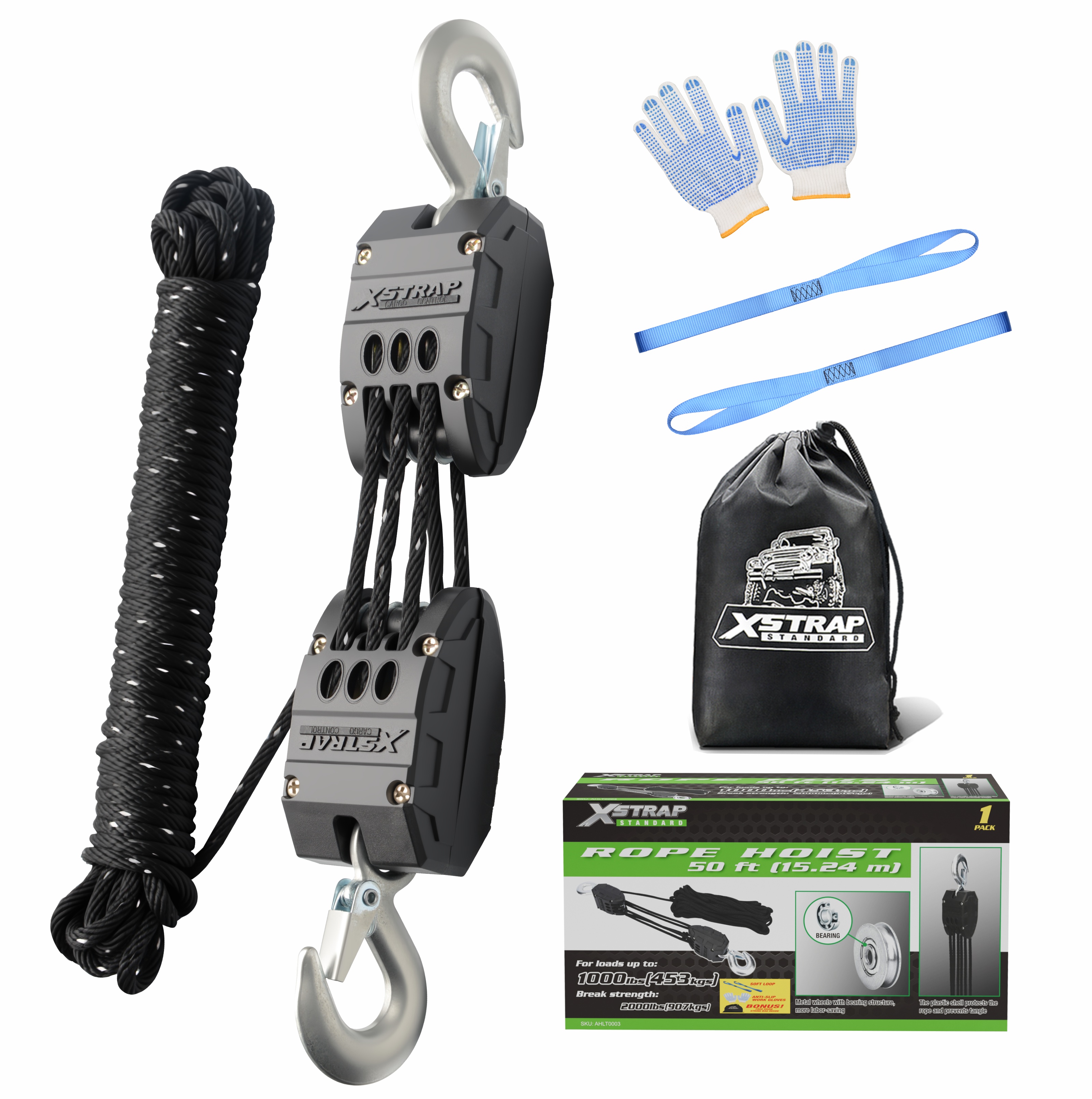 XSTRAP AHLT0003-heijastava musta köysinostopyöräjärjestelmä 1000LB