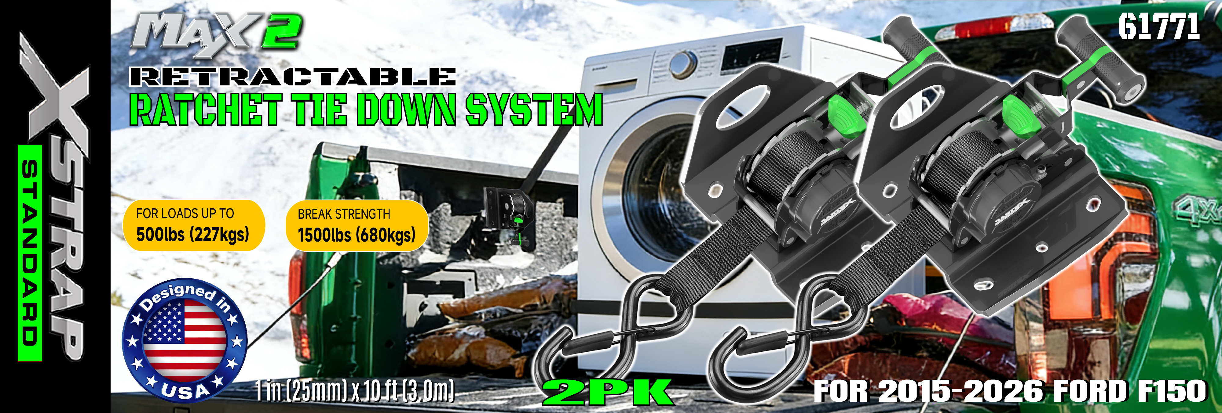 Xstrap 61771 sisäänvedettävät räikkähihnat sopivat F150-autotarvikkeille 500LB SWL